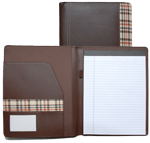 brown bonded leather padholder with plaid fabric trim
