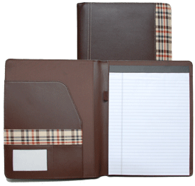 brown bonded leather pad holder with plaid fabric trim
